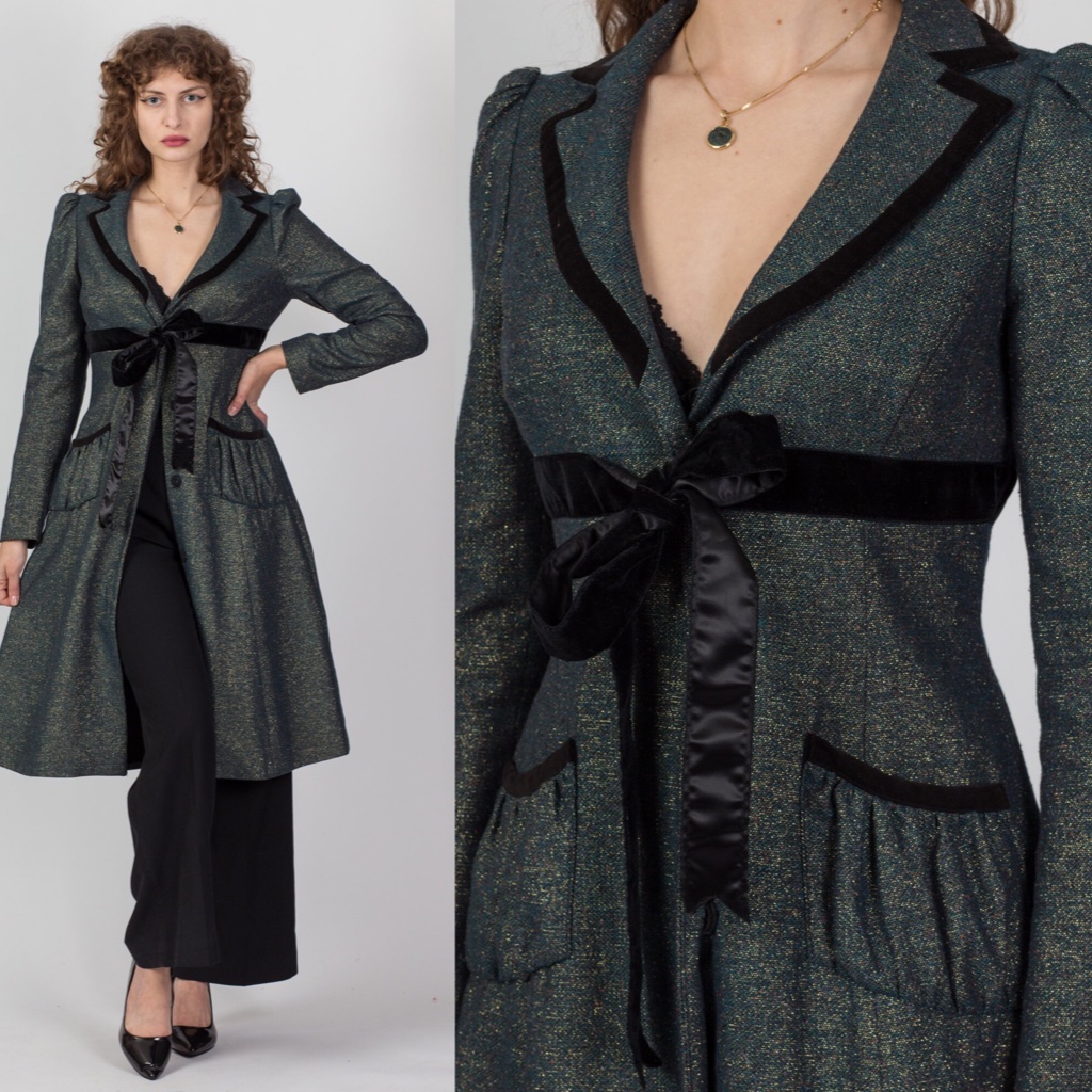 Vintage Betsey Johnson Metallic Jacket Shiny Green Black Velvet Trim Long Coat